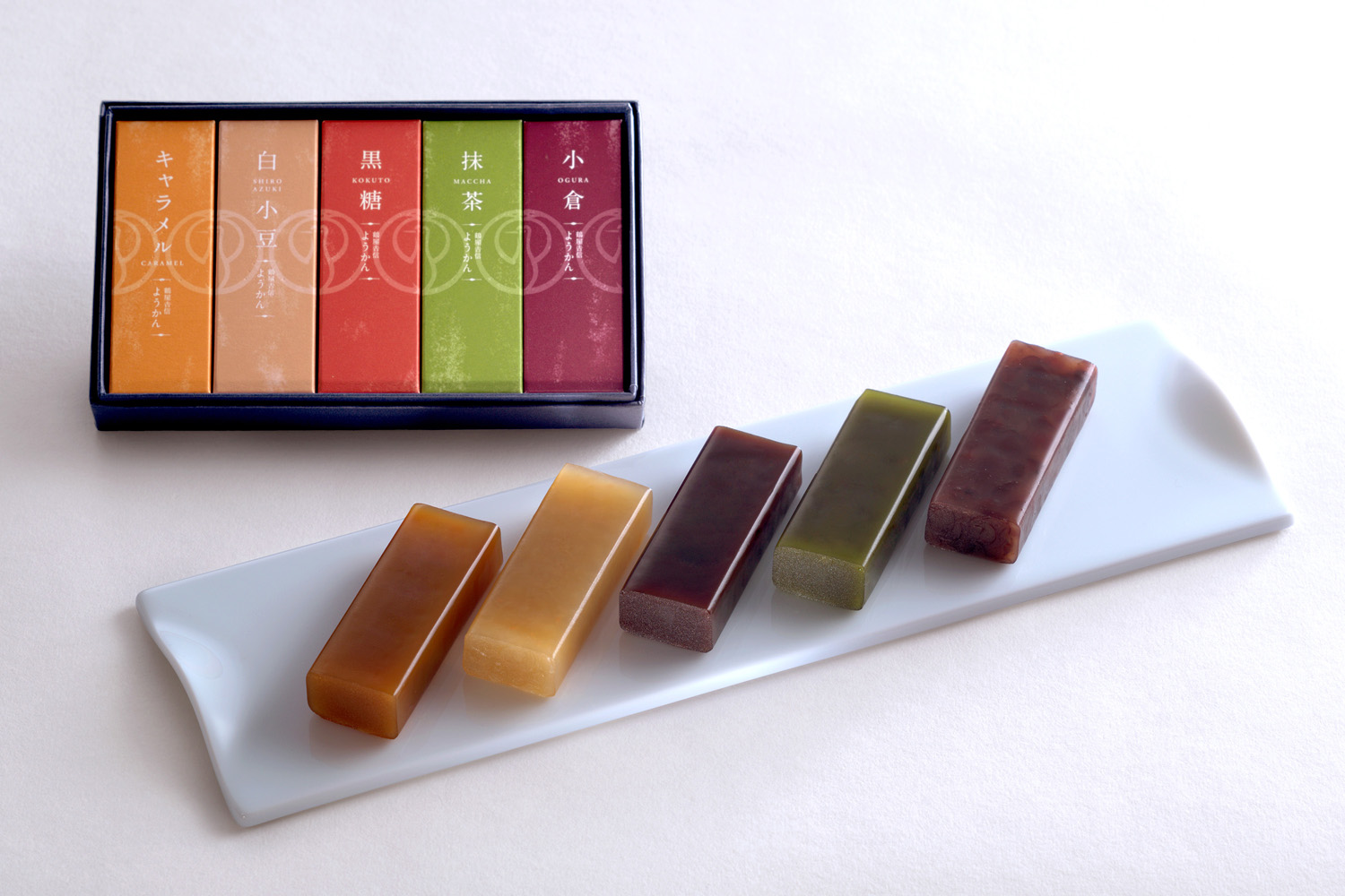 「鶴屋吉信ようかん」パッケージ&白い器に乗せたお菓子5種類